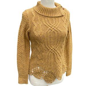 Moth Wool Cable Knit Crochet Asymmetrical Hem Sweater Mustard Artsy Rosette-S